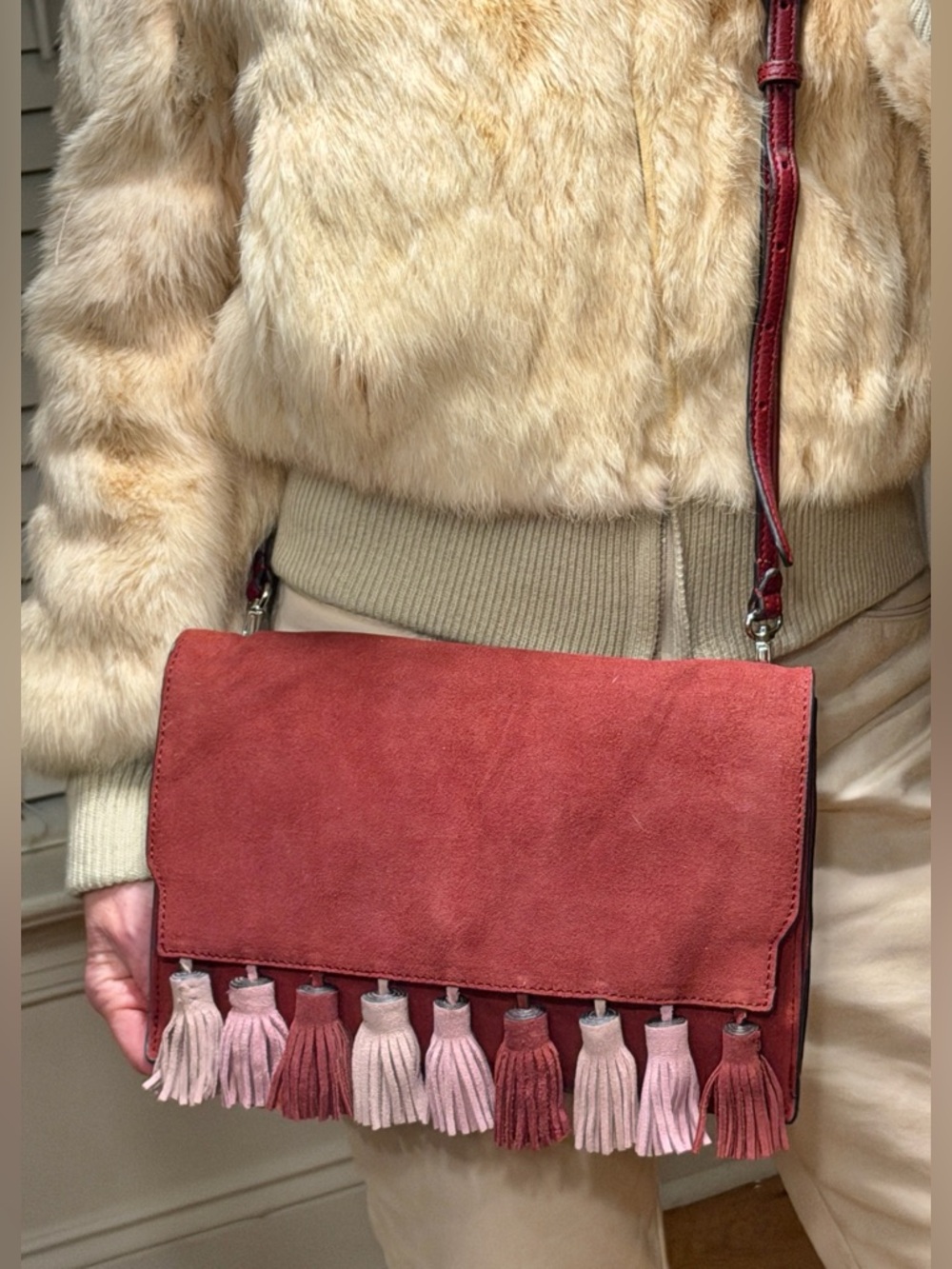 Rebecca Minkoff Boho Finn Tassel Suede Leather Crossbody Clutch Burgundy (GUC)